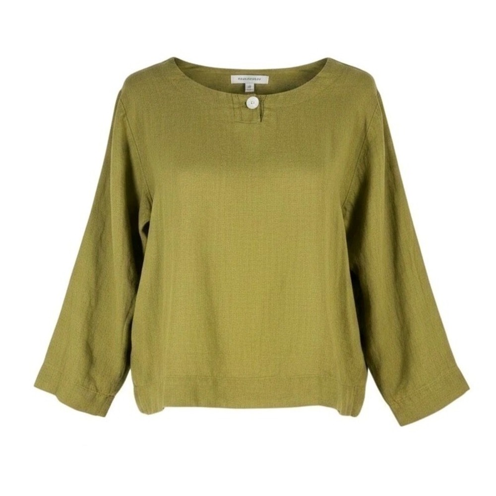 Kathleen Sommers Pure Linen Boxy Blouse Top Womens XL Avocado Green USA Made